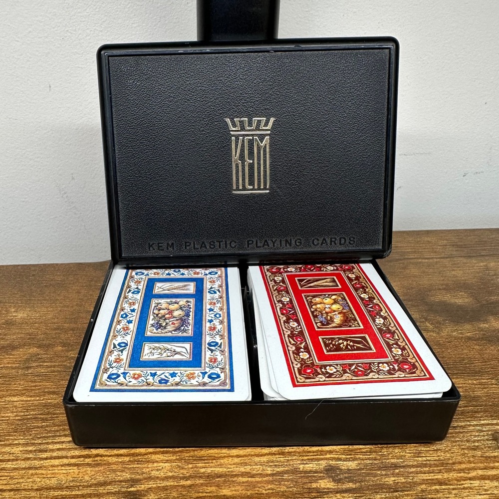 Vintage KEM Plastic Playing Cards Double Deck Harvest Red Blue Case Made in USA